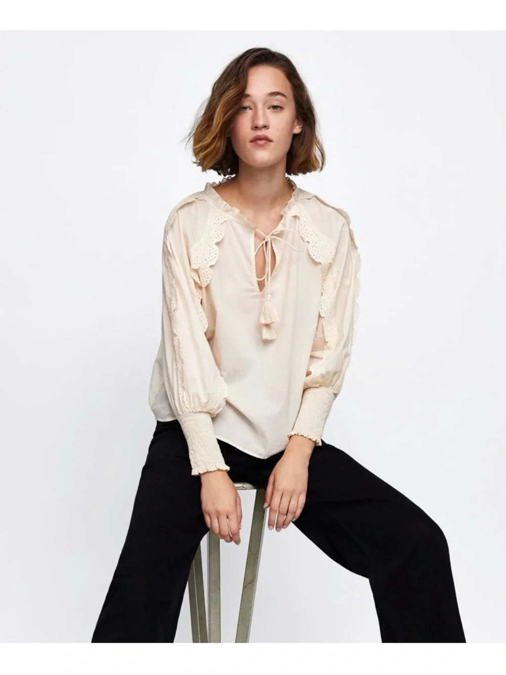 Zara Cream Ruffle Tie-Front Blouse with Tassels